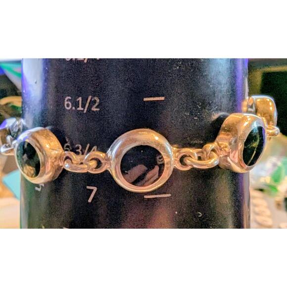 925 Sterling Silver Mexico Black Onyx Box Clasp Vintage Bracelet - Picture 5 of 7